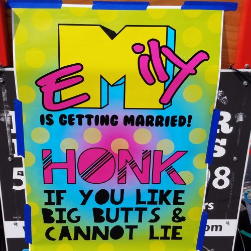 bachelorette sign on a pedal pub indicating that a lady called Emily is getting married